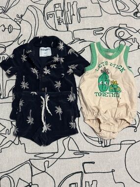Old Navy Navy Palm-Print Baby Romper & Cream Cactus Tank Set